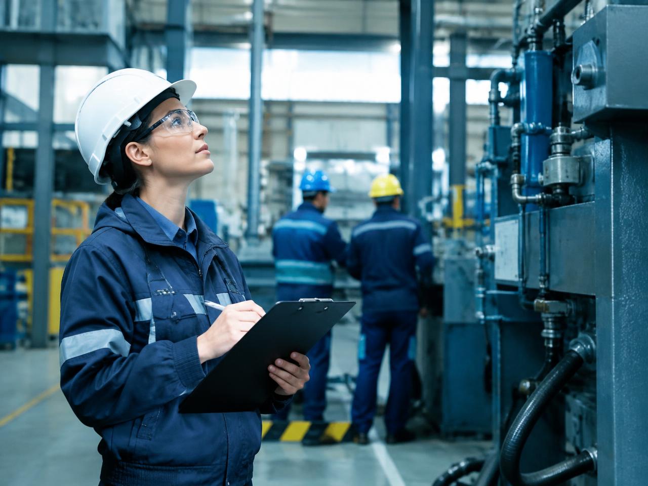 Técnica de segurança inspecionando equipamentos em uma fábrica