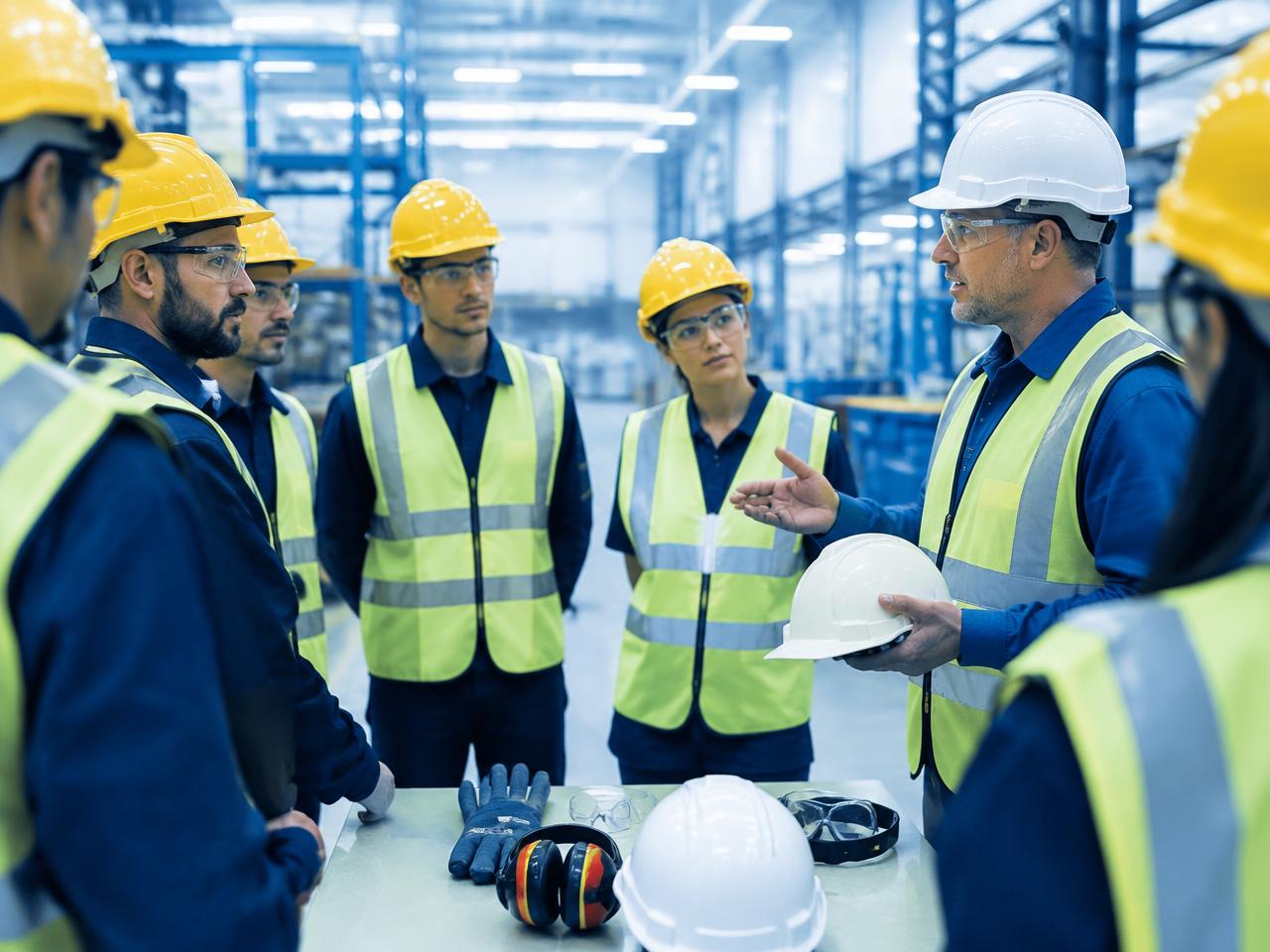 Profissional de segurança orientando trabalhadores sobre EPIs